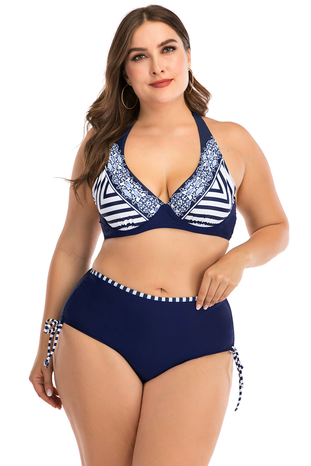 Plus Size Stripe Halter Deep Blue Bikini