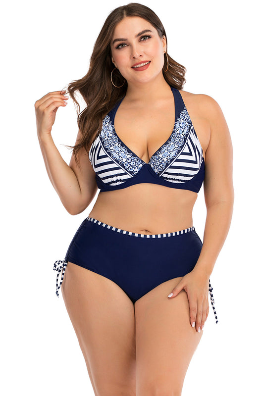 Plus Size Stripe Halter Deep Blue Bikini