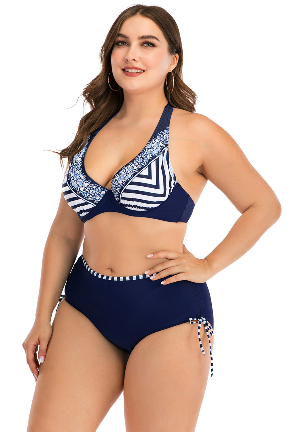 Plus Size Stripe Halter Deep Blue Bikini