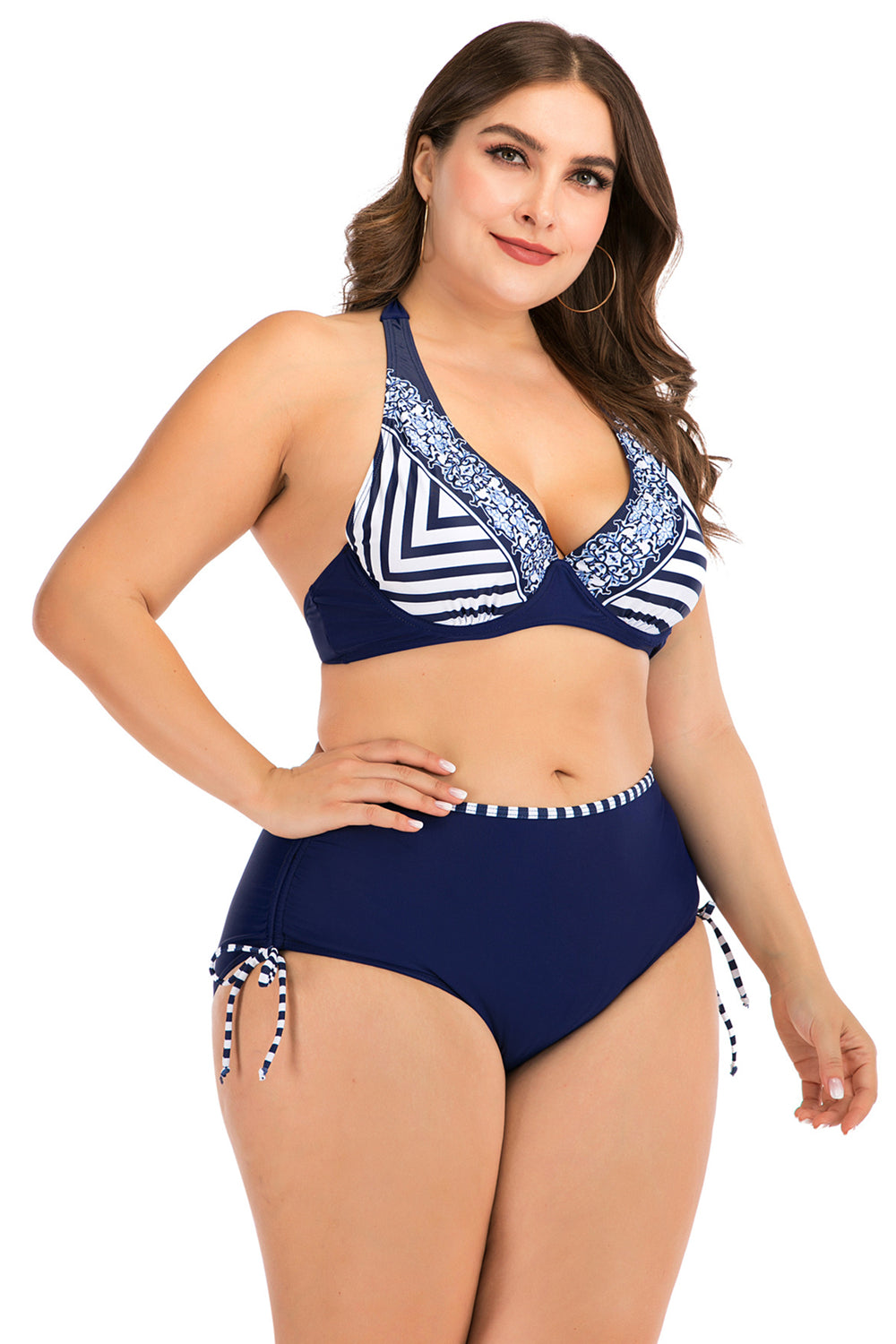 Plus Size Stripe Halter Deep Blue Bikini