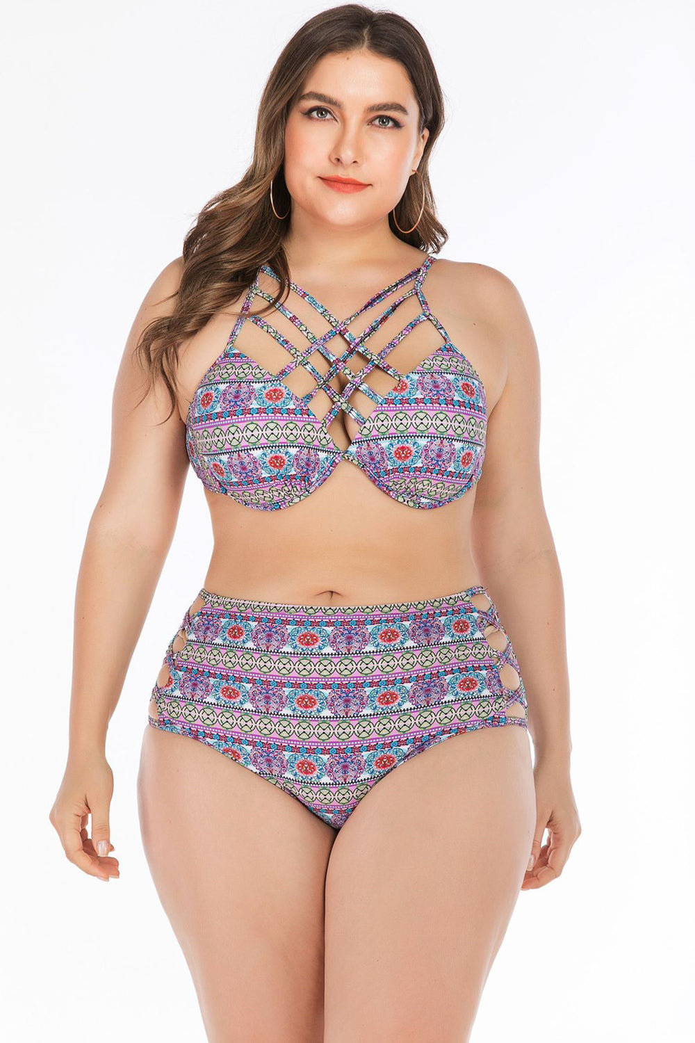 Plus Size Boho Bandage High Waist Bikini