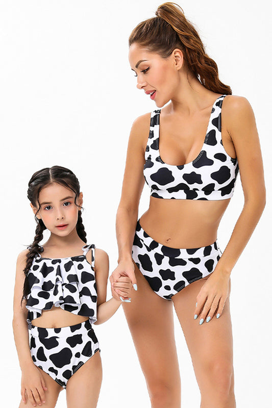 Mommy and Me Swimsuits Black & White Cow Print Two Piece