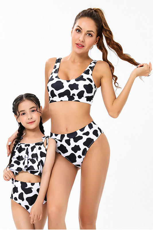 Mommy and Me Swimsuits Black & White Cow Print Two Piece