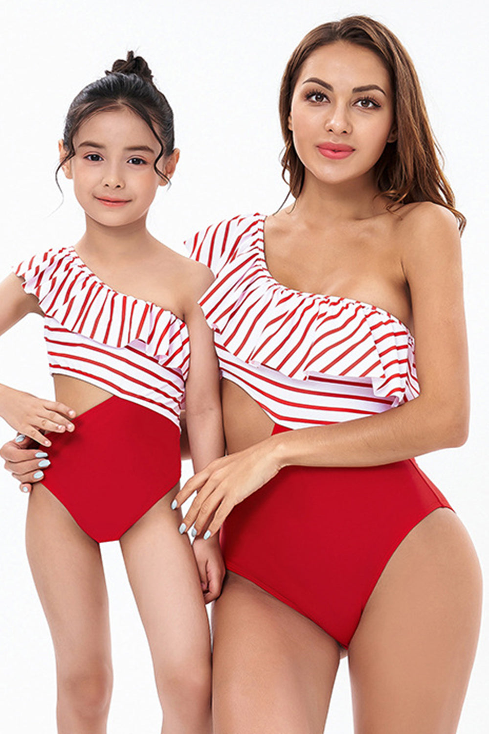 Red Stripe Cut Out Ruffle One Piece Mommy and Me Swimsuits