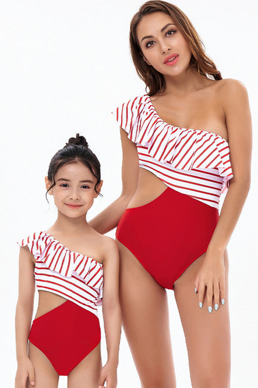 Red Stripe Cut Out Ruffle One Piece Mommy and Me Swimsuits