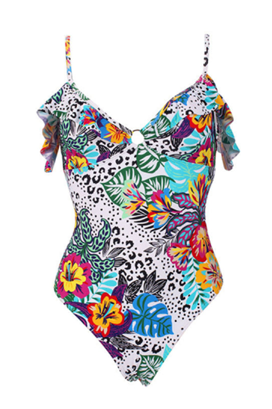 Women Floral Print V-neck Ruffle Triangle Swimsuit
