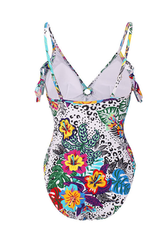 Women Floral Print V-neck Ruffle Triangle Swimsuit