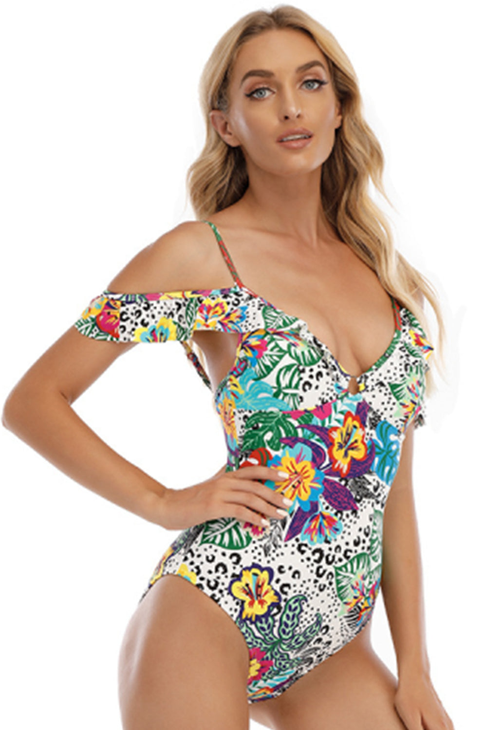Women Floral Print V-neck Ruffle Triangle Swimsuit