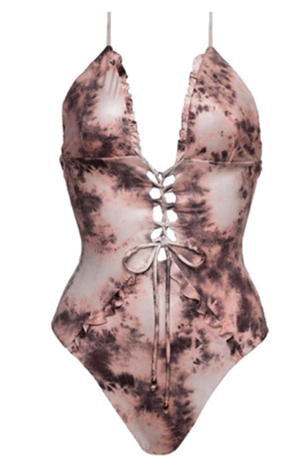 WOMEN RUFFLE MARBLE PRINT LACE UP SWIMSUIT