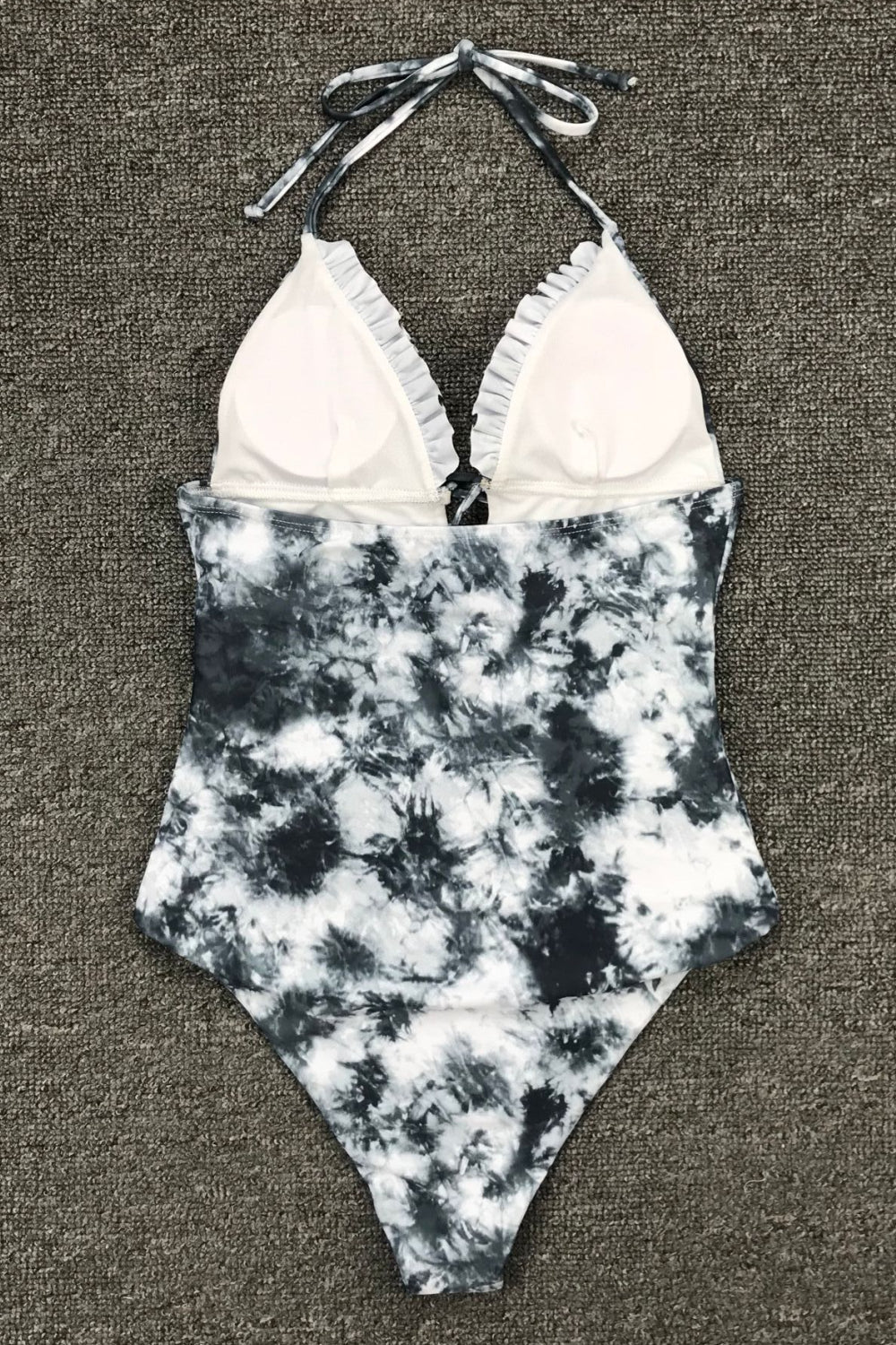WOMEN RUFFLE MARBLE PRINT LACE UP SWIMSUIT