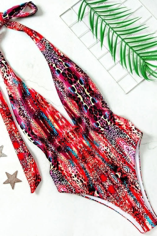 COLORFUL CHEETAH HALTER DEEP V HIGH LEG ONE PIECE SWIMSUIT