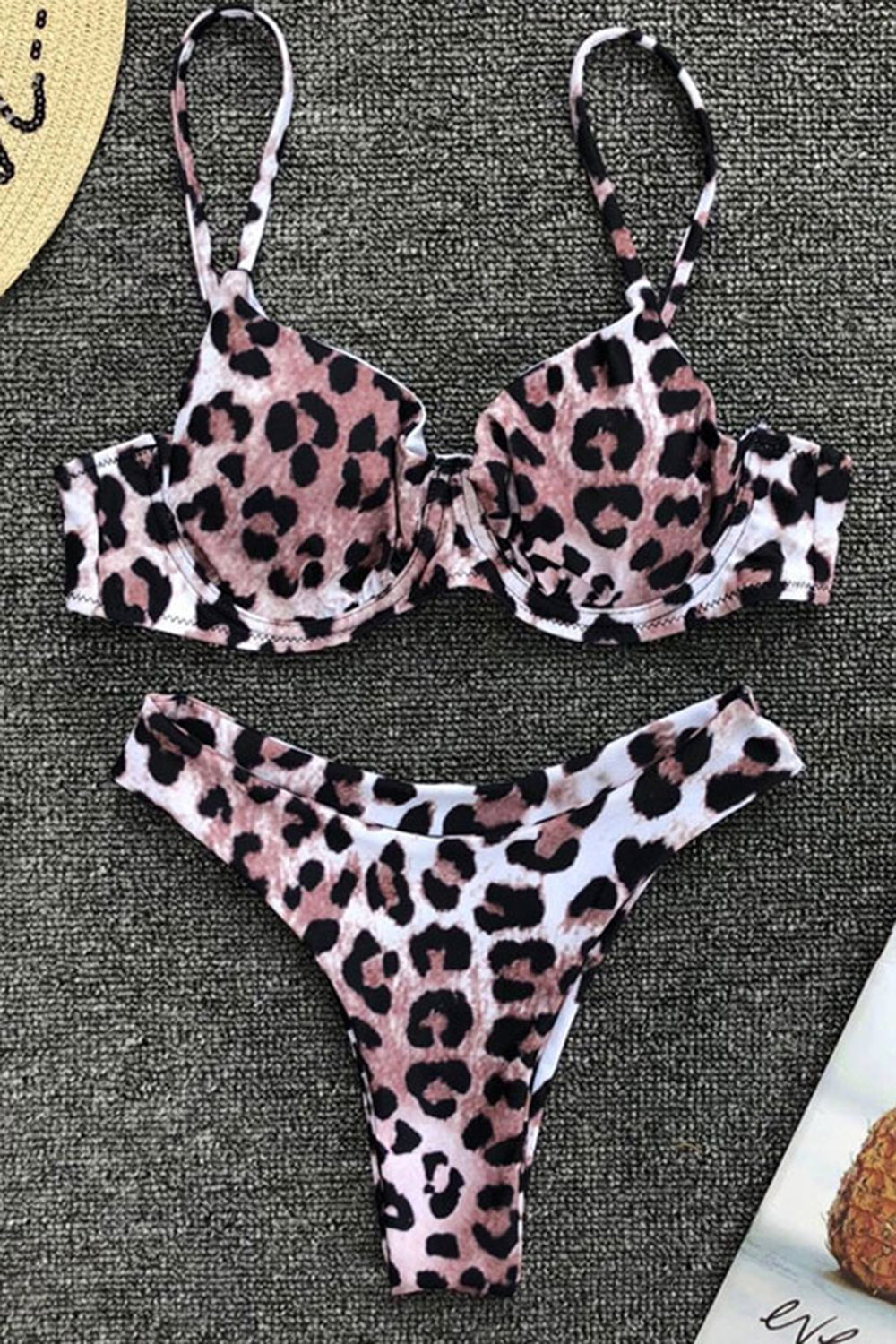 HIGH LEG LEOPARD UNDERWIRE THONG BIKINI SWIMSUIT