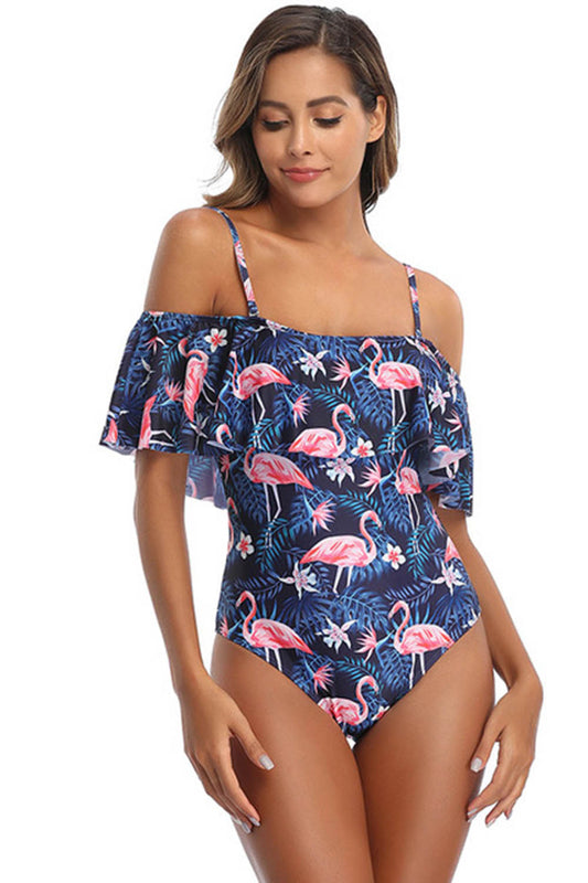 Off shoulder Flamingo pattern one piece swimsuit