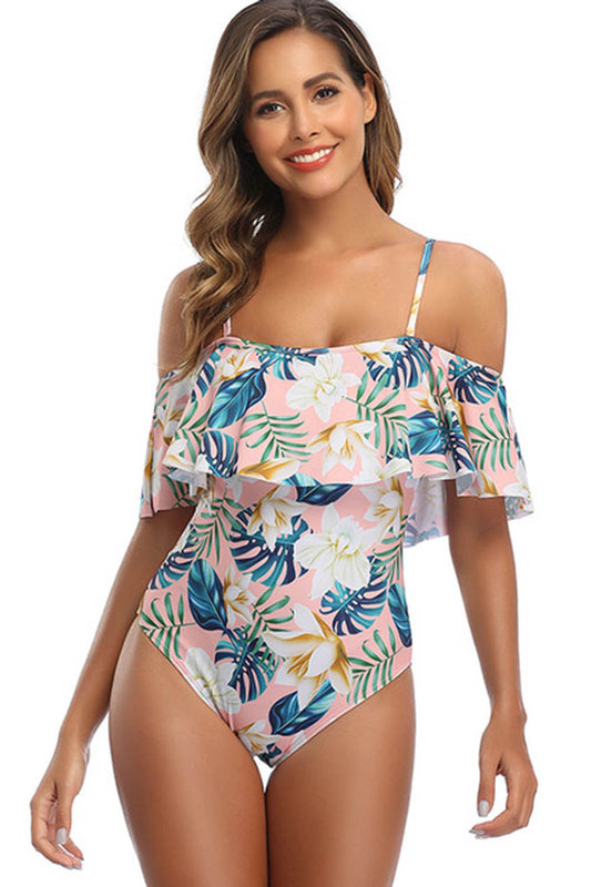Floral print off shoulder one piece swimsuit