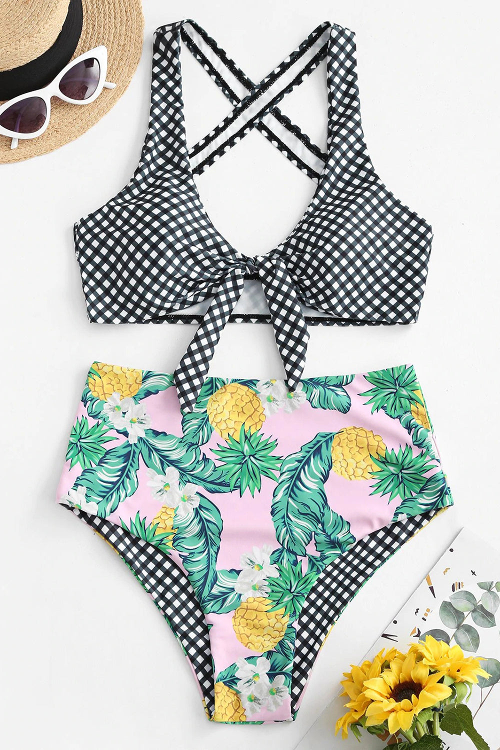 Reversible Gingham Pineapple Crisscross Tied Bikini Swimwear