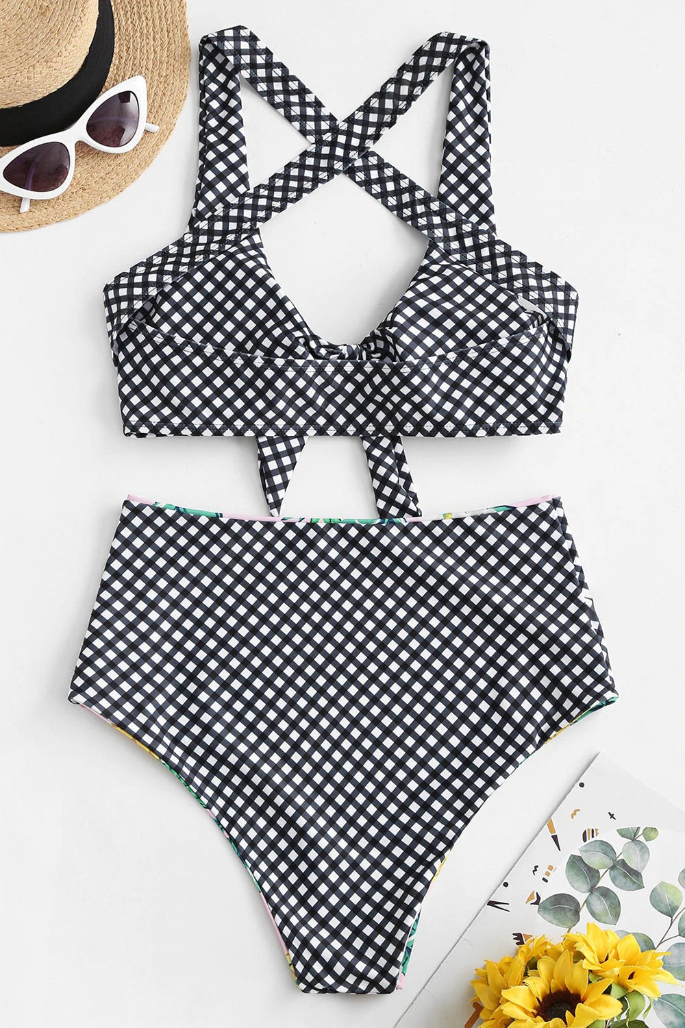 Reversible Gingham Pineapple Crisscross Tied Bikini Swimwear