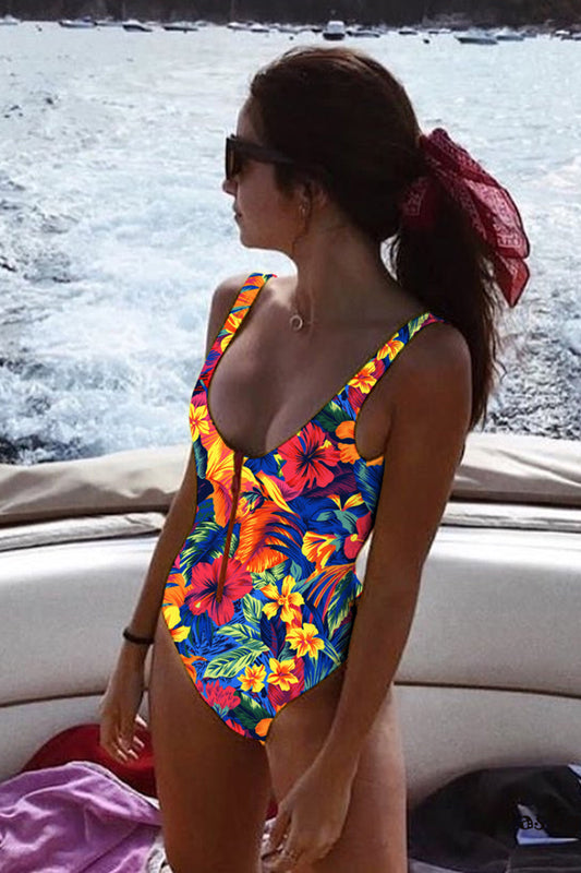 Floral printing zip up one piece swimsuit