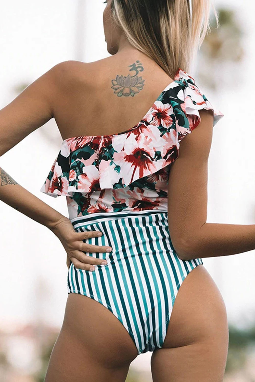 STRIPED FLORAL RUFFLE ONE SHOULDER ONE PIECE SWIMSUIT