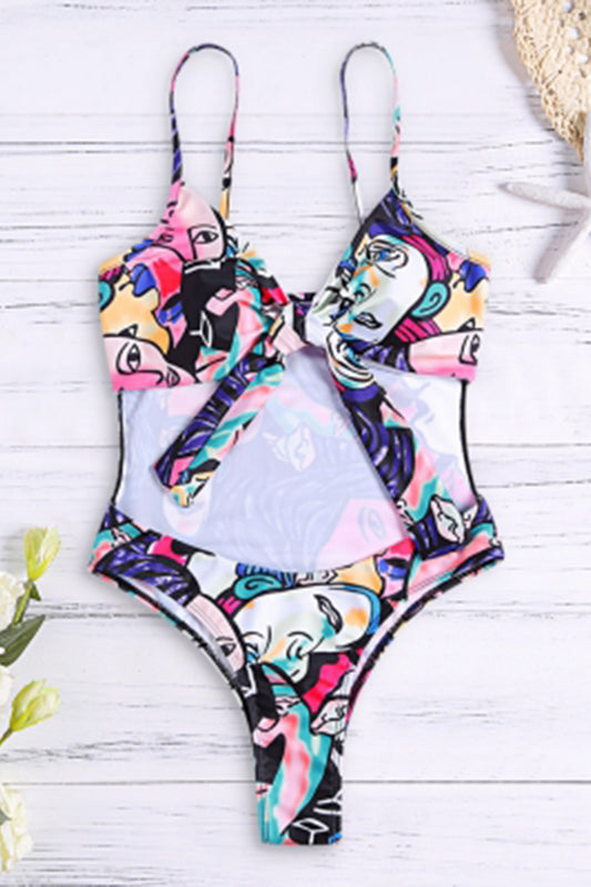 Spaghetti Strap Padded Cut Out Tied Bowknot Print Women Swimsuit