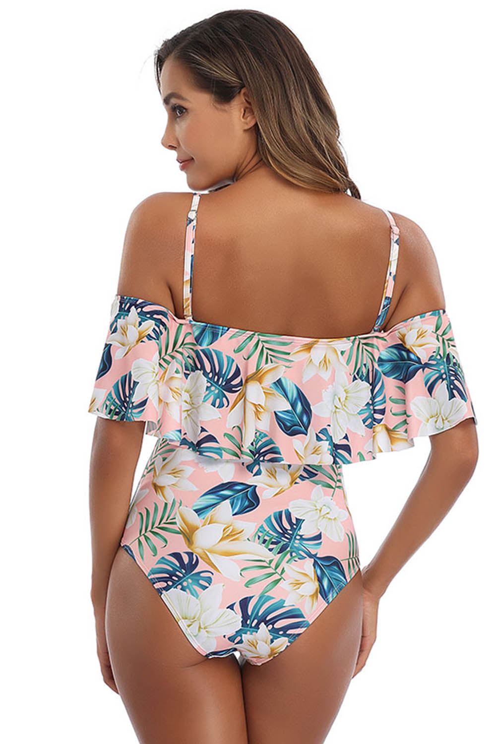 Floral print off shoulder one piece swimsuit
