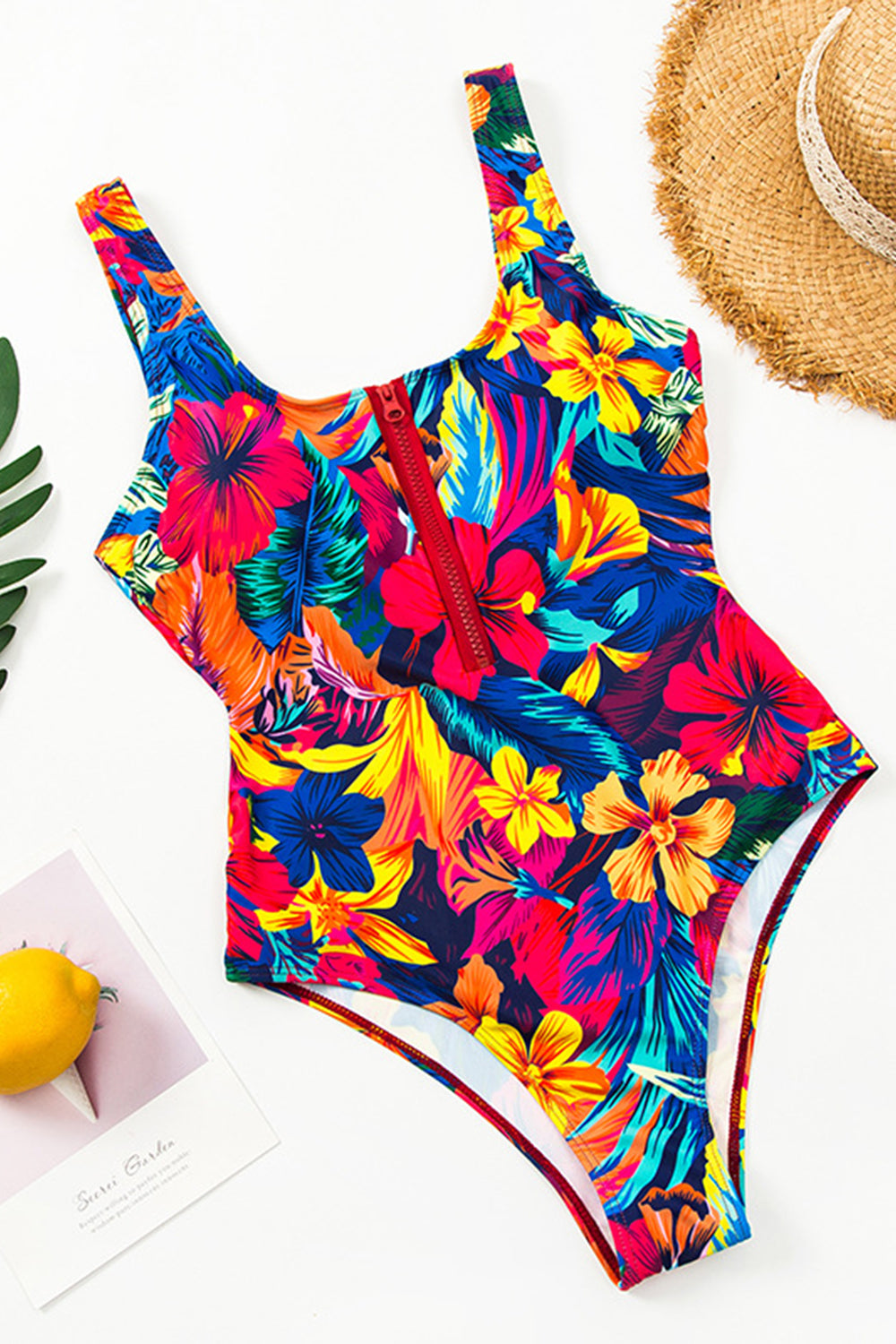 Floral printing zip up one piece swimsuit