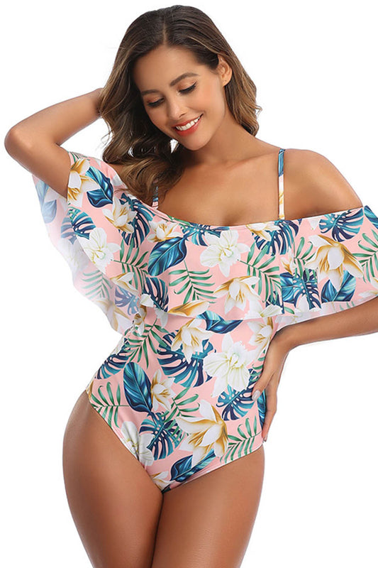 Floral print off shoulder one piece swimsuit