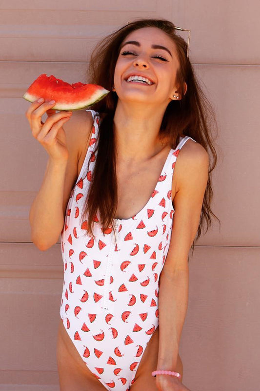 Watermelon printing zip up one piece swimsuit