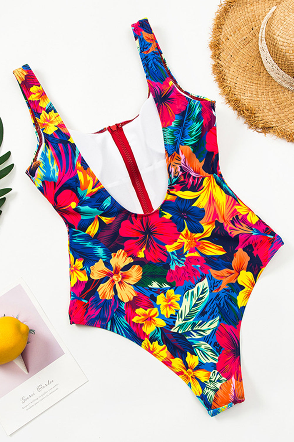 Floral printing zip up one piece swimsuit