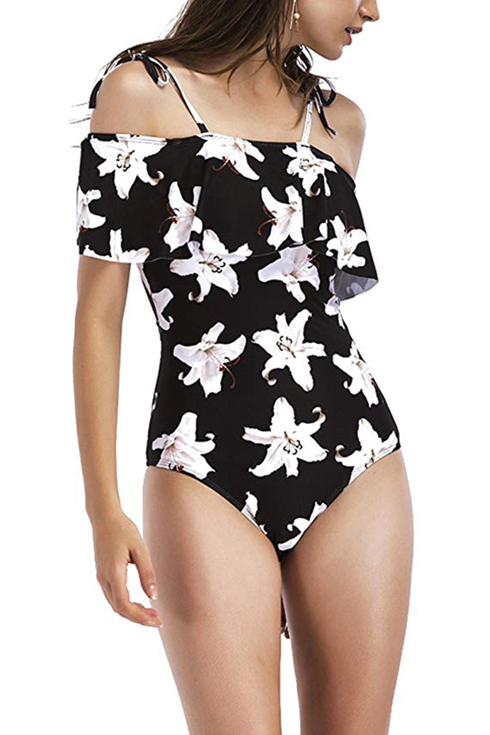 Iyasson Black Floral Print Falbala One-piece Swimsuit