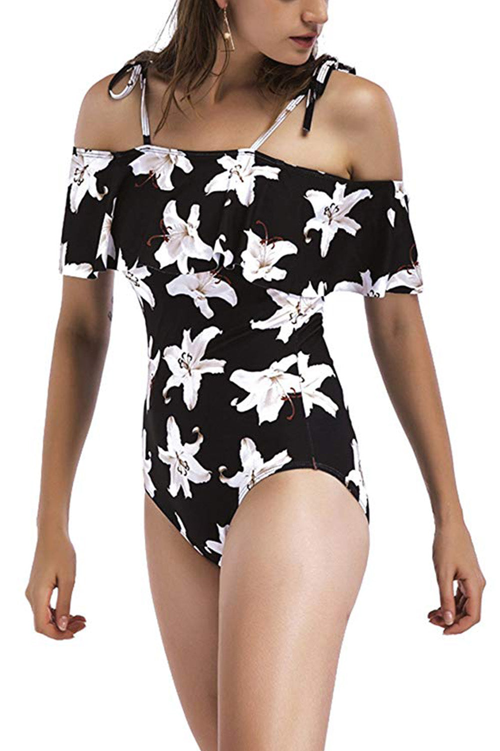 Iyasson Black Floral Print Falbala One-piece Swimsuit