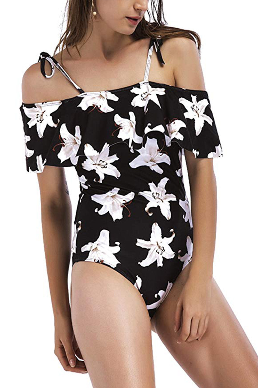 Iyasson Black Floral Print Falbala One-piece Swimsuit