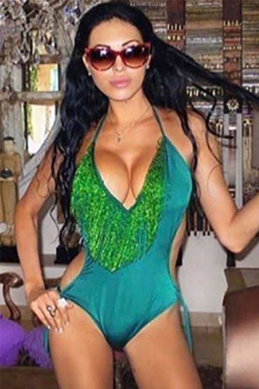 Iyasson Sexy Tasselled Halter-neck One-piece Swimsuit