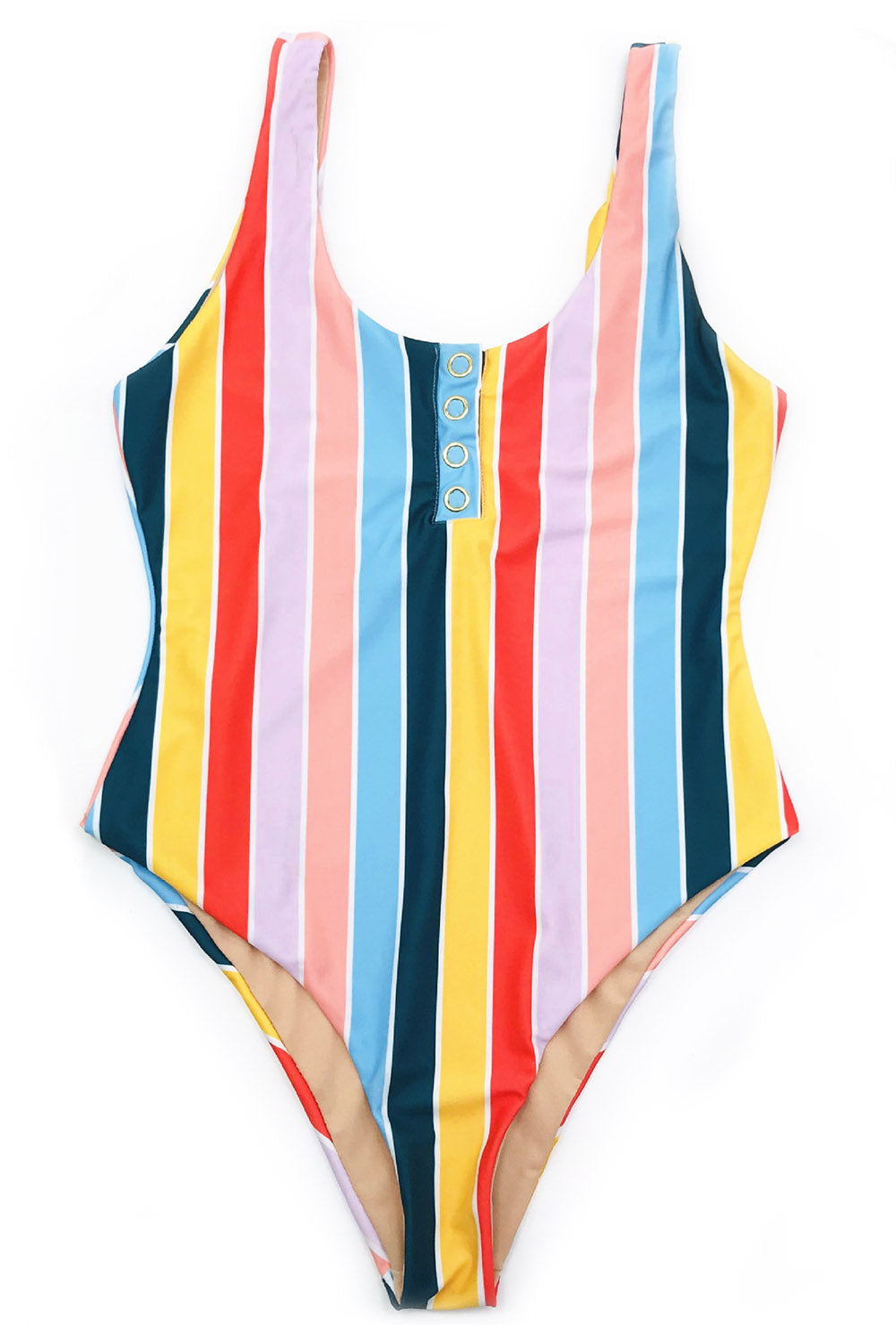Iyasson Colorful Stripe Swimsuit with Metal Button