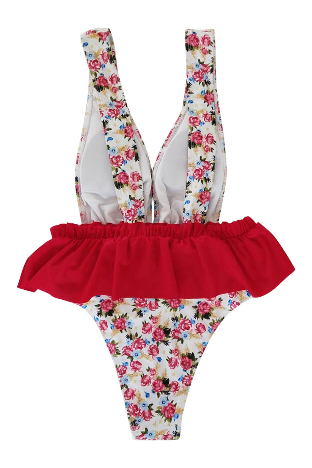 Iyasson Deep V-neck Falbala Floral One-piece Swimsuit