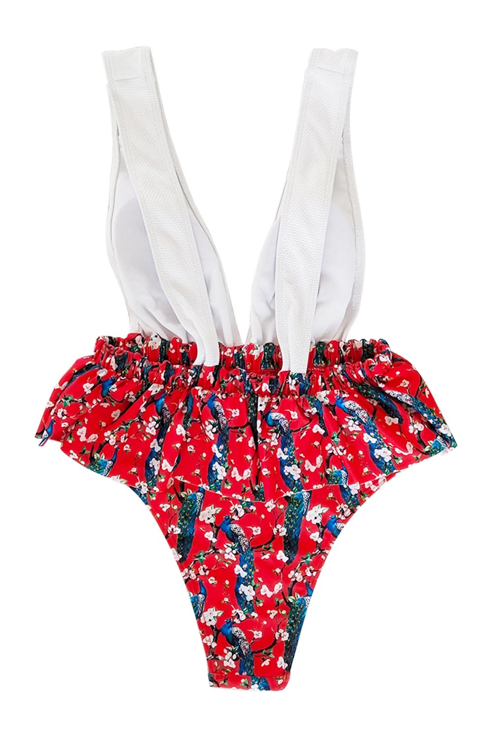 Iyasson Deep V-neck Falbala Floral One-piece Swimsuit