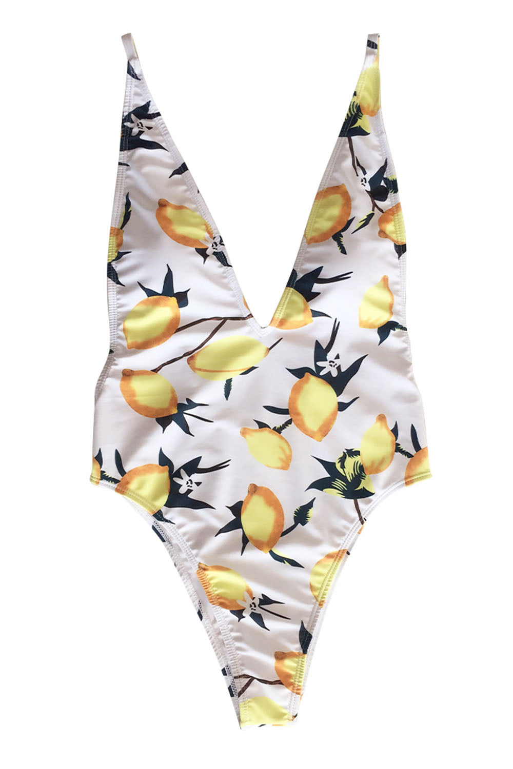 Iyasson Sexy Deep V-neck Lemon Print One-piece Swimsuit