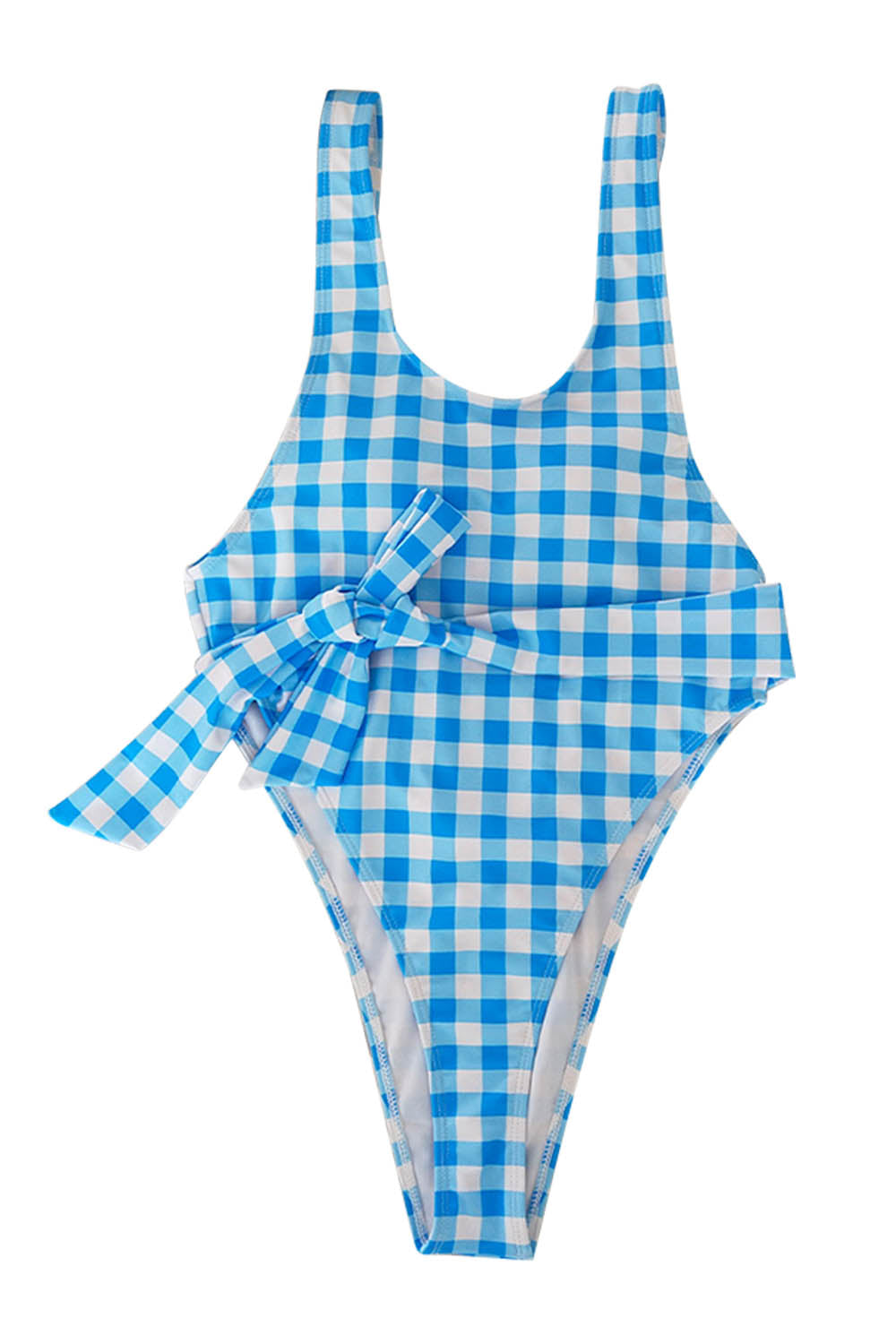 Iyasson Blue Grid Print Waist Tied One-piece Swimsuit