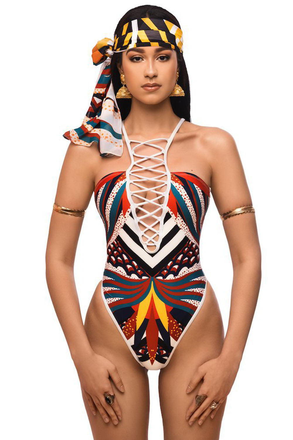 Iyasson Ethnic Floral Print Lace Up One-piece Swimsuit