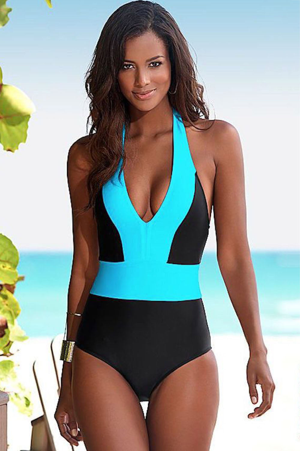 Iyasson Womens Sexy Deep V Neck Color Block Stitching One-piece Swimsuit