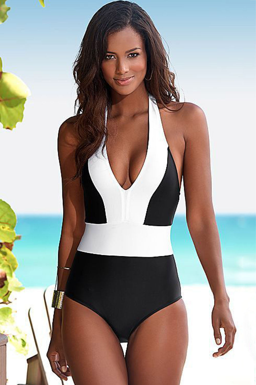 Iyasson Womens Sexy Deep V Neck Color Block Stitching One-piece Swimsuit