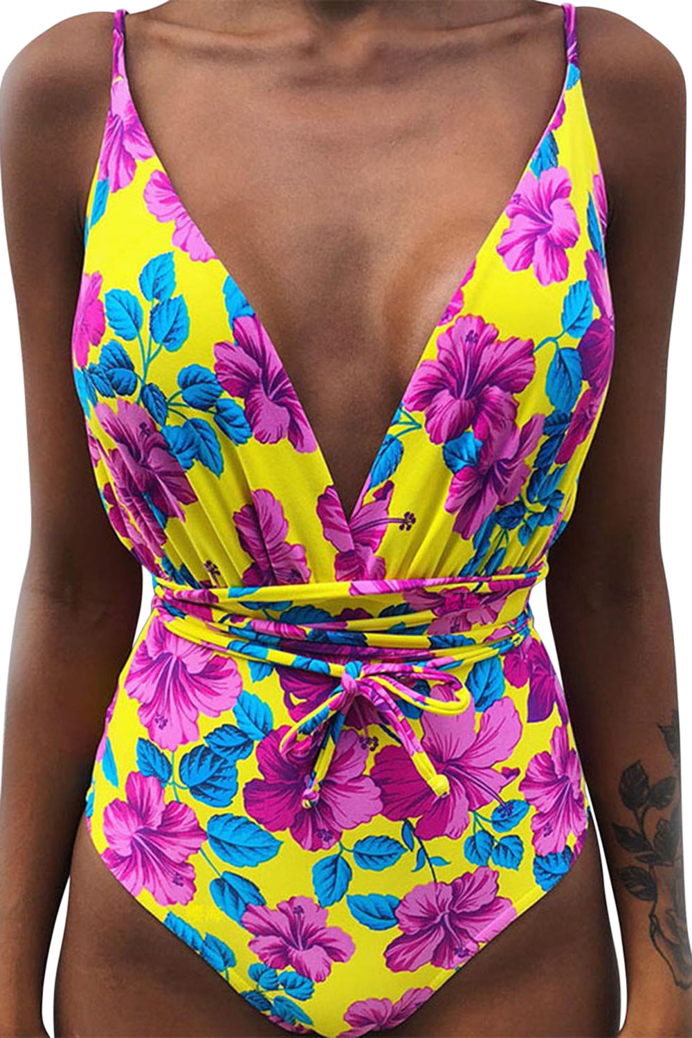 Iyasson Womens Sexy Printed Multi-Rope V-neck Halter One-piece Swimsuit