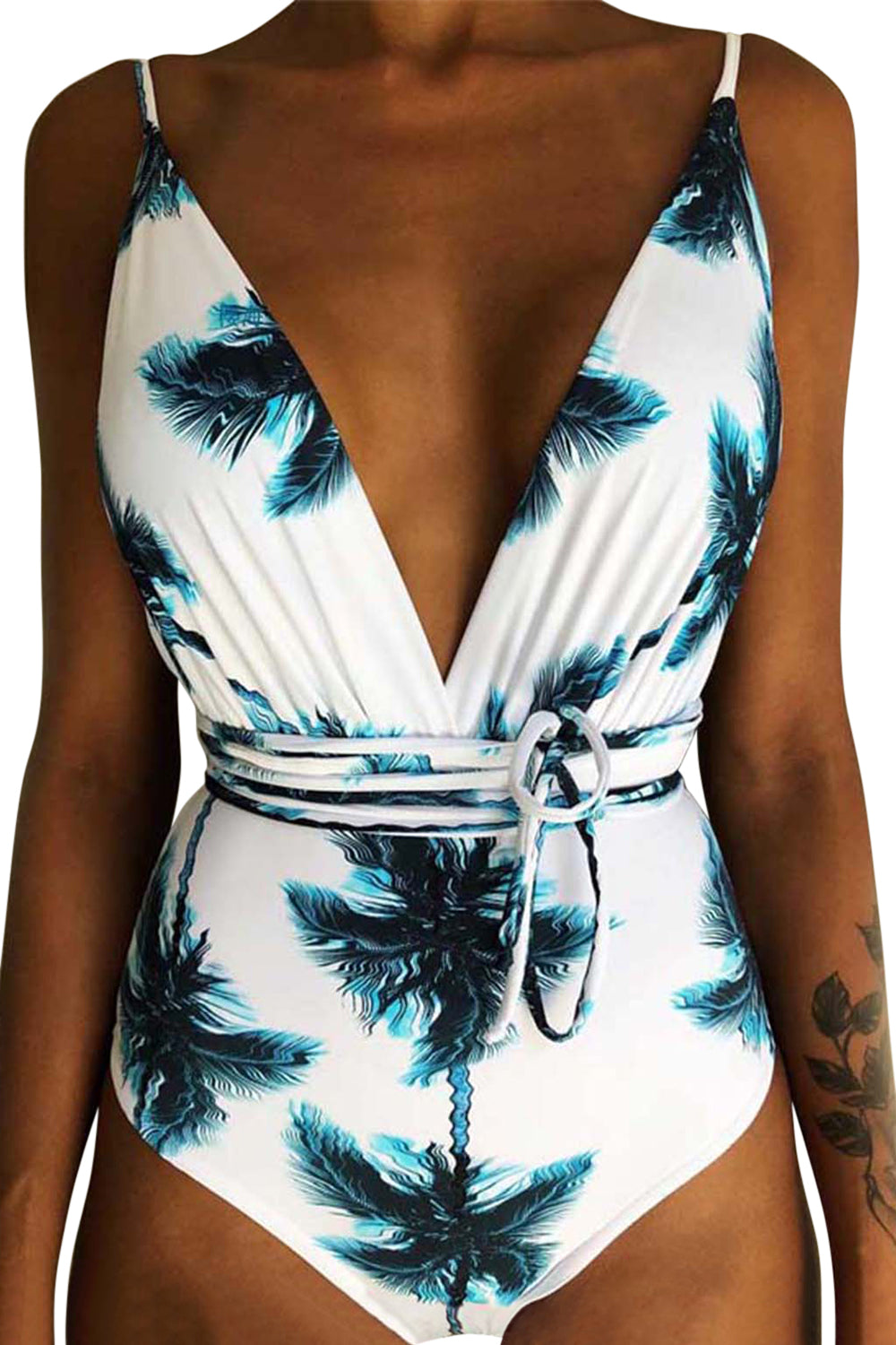 Iyasson Womens Sexy Printed Multi-Rope V-neck Halter One-piece Swimsuit