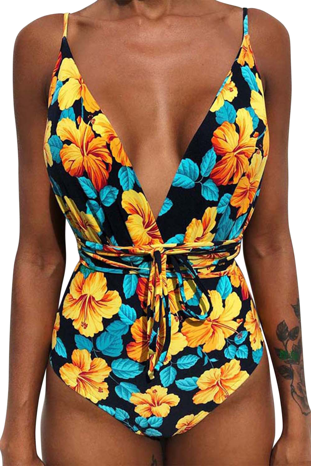 Iyasson Womens Sexy Printed Multi-Rope V-neck Halter One-piece Swimsuit