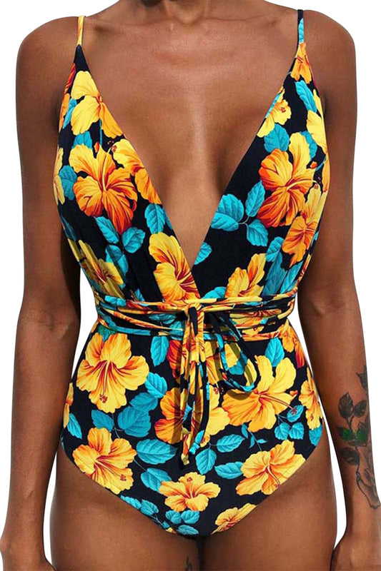 Iyasson Womens Sexy Printed Multi-Rope V-neck Halter One-piece Swimsuit