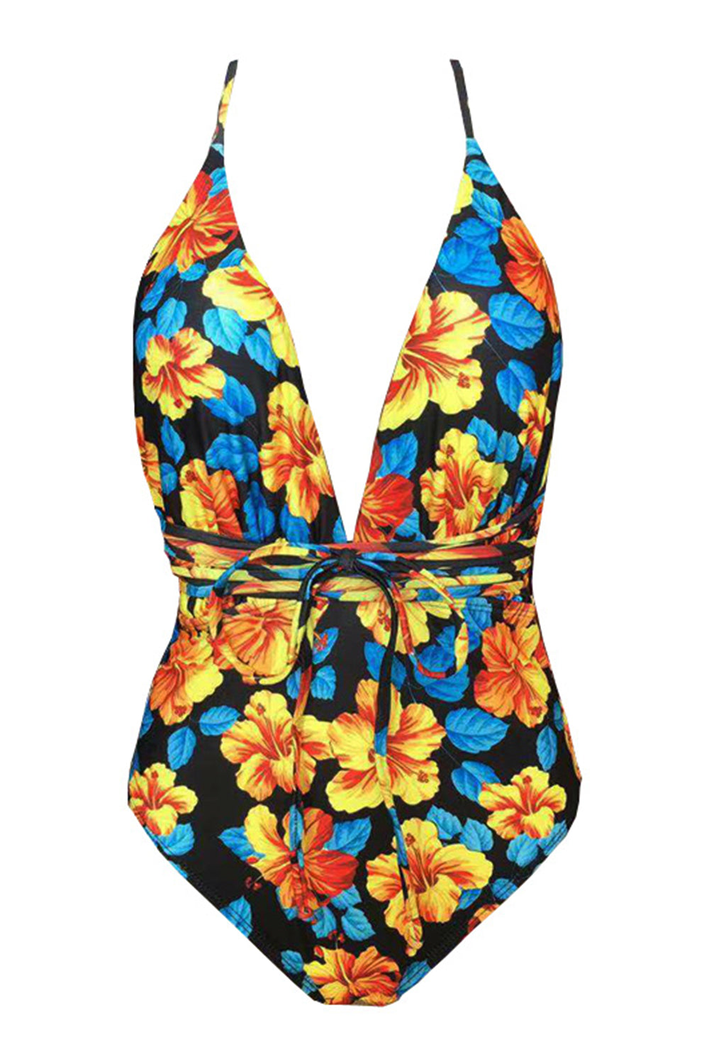 Iyasson Womens Sexy Printed Multi-Rope V-neck Halter One-piece Swimsuit