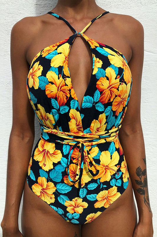 Iyasson Womens Sexy Printed Multi-Rope V-neck Halter One-piece Swimsuit