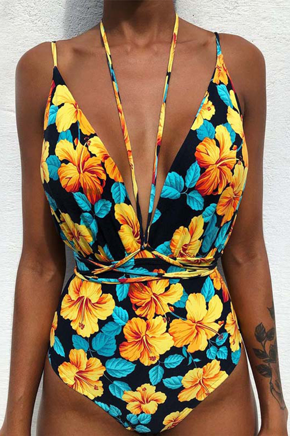Iyasson Womens Sexy Printed Multi-Rope V-neck Halter One-piece Swimsuit