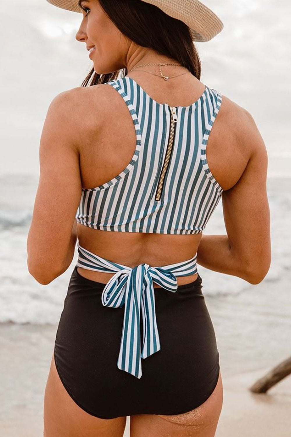 Iyasson Womens Sexy Plaid Striped Print O Neck Zipper Tie One-piece Swimsuit