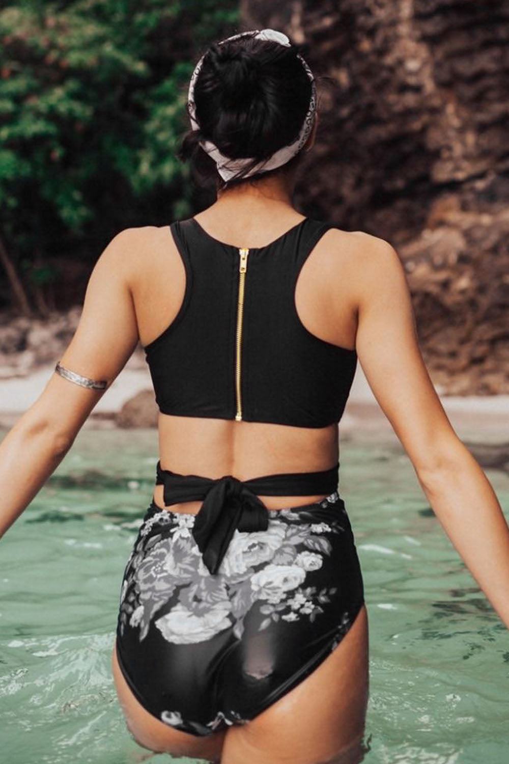 Iyasson Womens Sexy Print Stitching O-Neck Zipper Strap One-piece Swimsuit