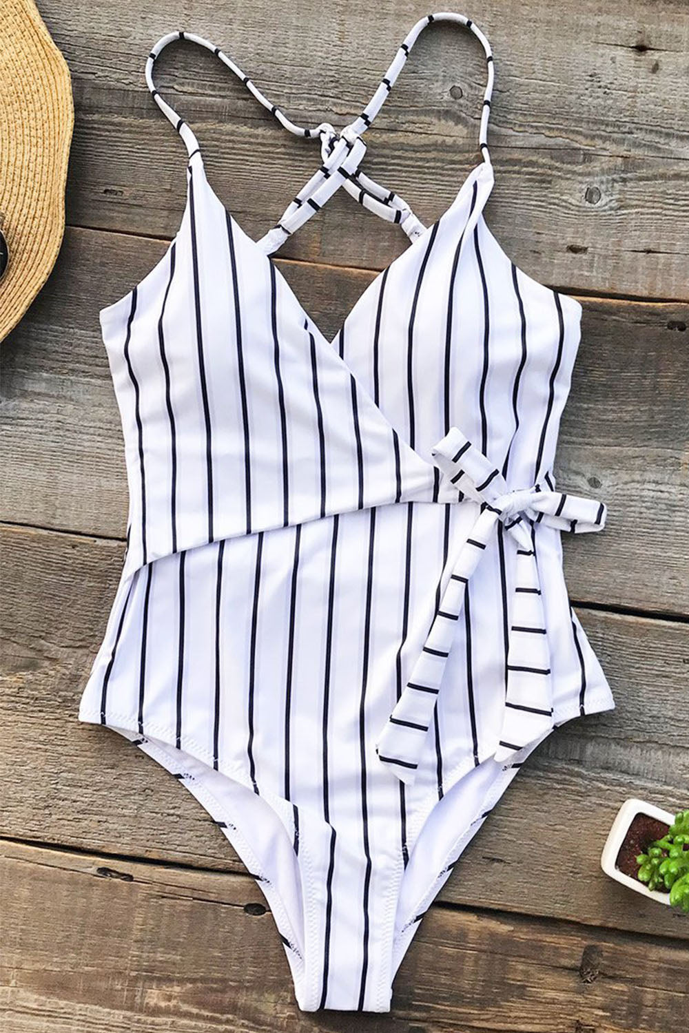 Iyasson Womens Cute White Stripe V-Neck Swimsuit
